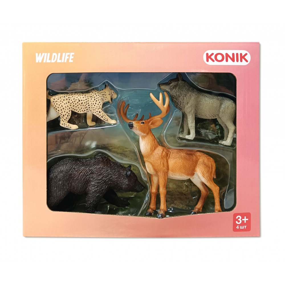 Набор фигурок KONIK Лесные животные: медведь, олень, рысь, волк