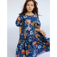 Платье нарядное детское из пайеточной ткани с цветочным принтом, синий