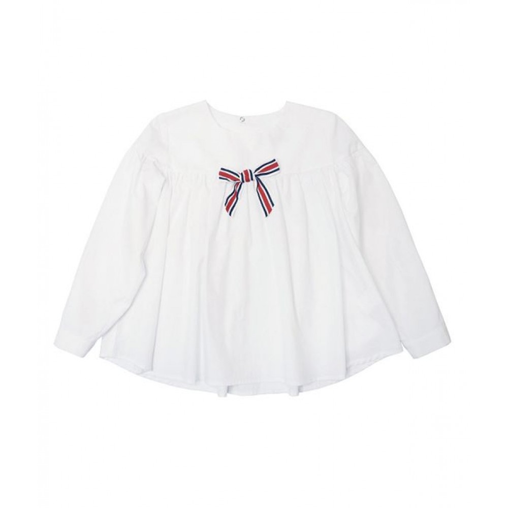 Белая школьная блузка со сборкой и бантом на лифе